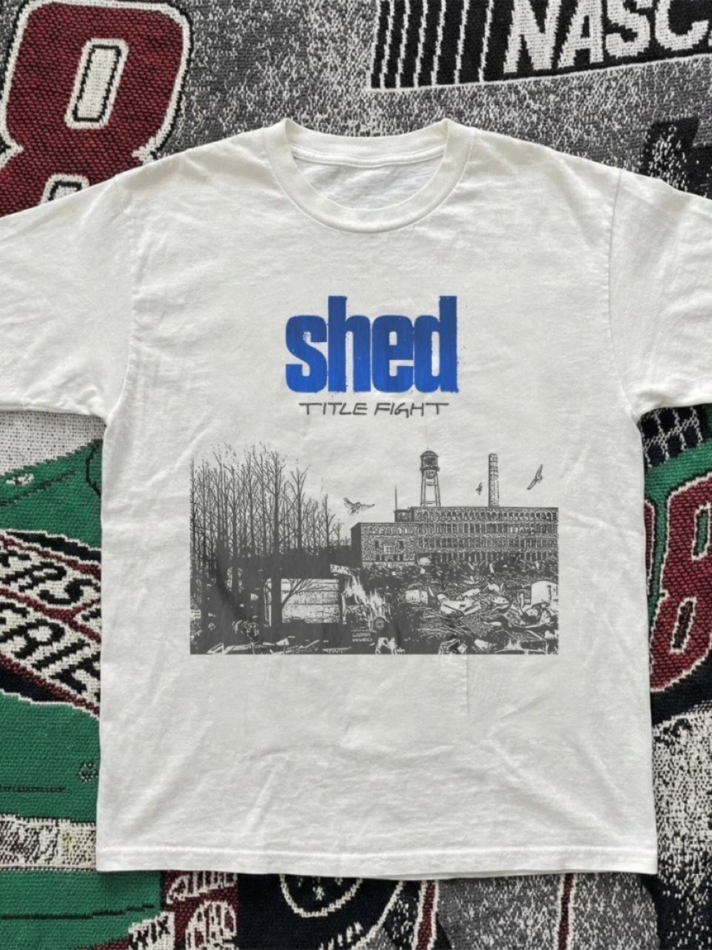 Gildan White 'Shed' Graphic Tee with Blue Logo